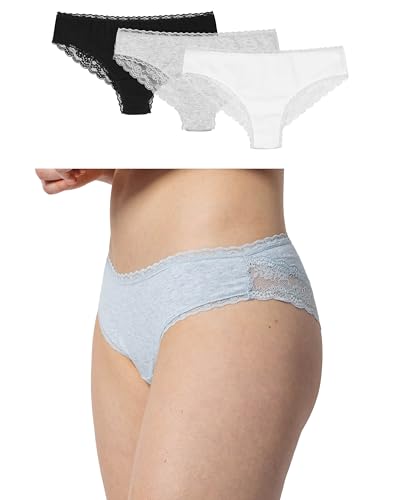 Snocks Brazilian Slip mit Spitze Damen aus Bio-Baumwolle (3er Pack) - Damenunterwäsche mit perfekter Passform und angenehmem Tragegefühl - Unterwäsche Frauen Gr.XS, Farbe Weiß/Grau/Schwarz von Snocks
