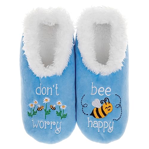Snoozies Pairables Superweiche Sherpa Damen Hausschuhe, „Don't Worry Bee Happy“, Blau - blau - Größe: Medium von Snoozies