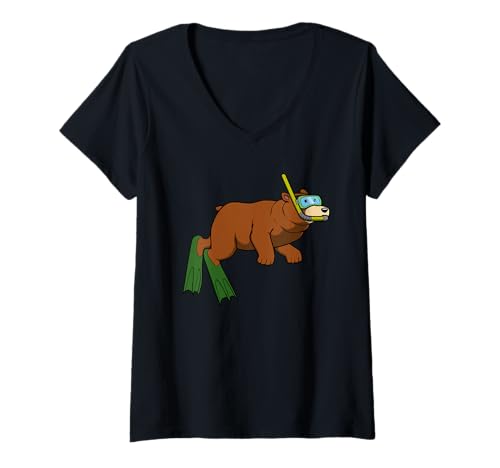 Damen Lustiger Schnorchelbär, Cartoon-Design, niedliches Tier, Taucher T-Shirt mit V-Ausschnitt von Snorkel Animal Club - Bear Edition