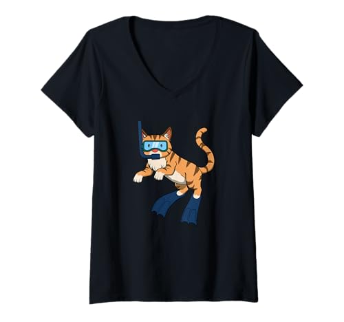 Damen Lustige Schnorchelkatze, Cartoon-Design, niedliches Tier, Taucher T-Shirt mit V-Ausschnitt Damen Lustige Schnorchelkatze, Cartoon-Design, niedliches Tier, Taucher T-Shirt mit V-Ausschnitt von Snorkel Animal Club - Cat Edition