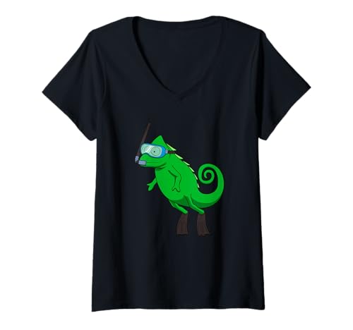 Damen Lustiges Schnorcheln Chamäleon Cartoon Design Niedliches Tier Scuba T-Shirt mit V-Ausschnitt Damen Lustiges Schnorcheln Chamäleon Cartoon Design Niedliches Tier Scuba T-Shirt mit V-Ausschnitt von Snorkel Animal Club - Chameleon Edition