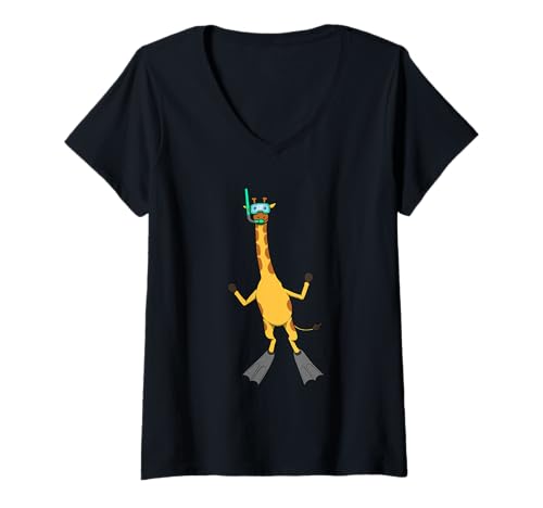 Damen Lustiges Schnorcheln Giraffe Cartoon Design Niedliches Tier Scuba T-Shirt mit V-Ausschnitt von Snorkel Animal Club - Giraffe Edition