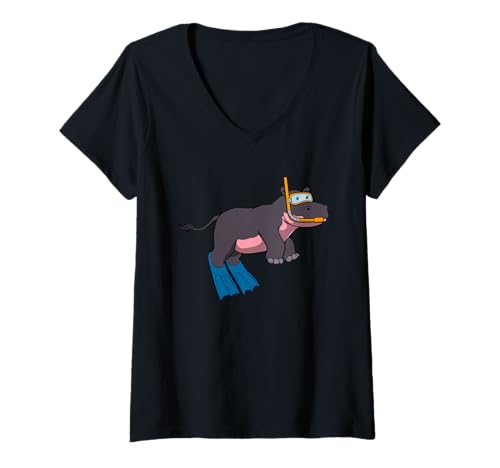 Damen Nilpferd mit lustigem Nilpferd, Cartoon-Design T-Shirt mit V-Ausschnitt Damen Nilpferd mit lustigem Nilpferd, Cartoon-Design T-Shirt mit V-Ausschnitt von Snorkel Animal Club - Hippopotamus Edition
