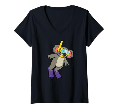 Damen Lustiges Schnorchel-Koala-Cartoon-Design, niedliches Tier-Scuba T-Shirt mit V-Ausschnitt von Snorkel Animal Club - Koala Edition