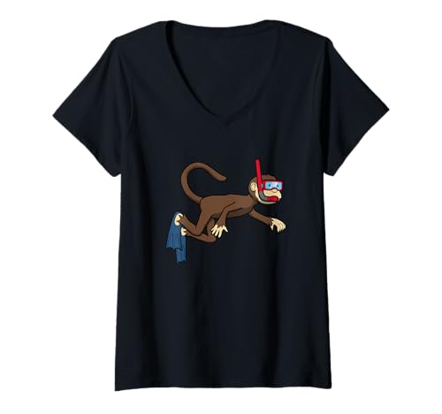 Damen Lustiges Schnorchel-Affen-Cartoon-Design, niedliches Tier-Scuba T-Shirt mit V-Ausschnitt Damen Lustiges Schnorchel-Affen-Cartoon-Design, niedliches Tier-Scuba T-Shirt mit V-Ausschnitt von Snorkel Animal Club - Monkey Edition