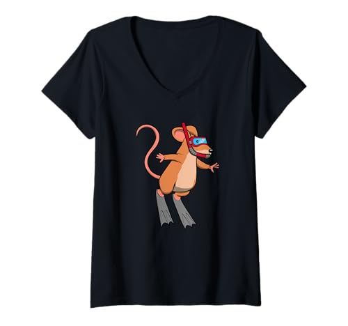 Damen Lustige Schnorchelmaus, Cartoon-Design, niedliches Tier-Scuba T-Shirt mit V-Ausschnitt von Snorkel Animal Club - Mouse Edition