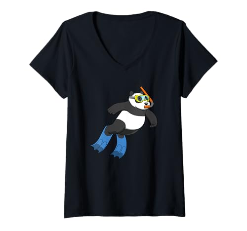 Damen Lustiges Schnorchel-Panda-Cartoon-Design, niedliches Tier-Scuba T-Shirt mit V-Ausschnitt Damen Lustiges Schnorchel-Panda-Cartoon-Design, niedliches Tier-Scuba T-Shirt mit V-Ausschnitt von Snorkel Animal Club - Panda Edition