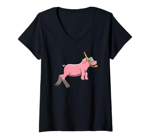 Damen Lustiges Schnorchelschwein, Cartoon-Design, niedliches Tier, Taucher T-Shirt mit V-Ausschnitt Damen Lustiges Schnorchelschwein, Cartoon-Design, niedliches Tier, Taucher T-Shirt mit V-Ausschnitt von Snorkel Animal Club - Pig Edition