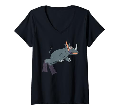 Damen Lustiges Nashorn-Nashorn, Cartoon-Design, niedliches Tier-Scuba T-Shirt mit V-Ausschnitt Damen Lustiges Nashorn-Nashorn, Cartoon-Design, niedliches Tier-Scuba T-Shirt mit V-Ausschnitt von Snorkel Animal Club - Rhino Edition