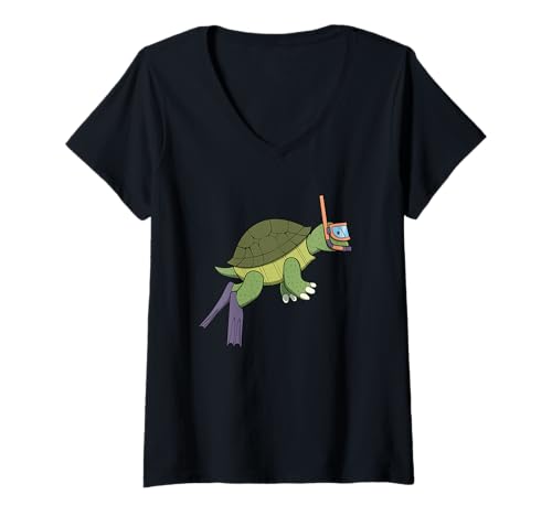 Damen Lustiges Schnorchel-Schildkröten-Cartoon-Design, niedliches Tier T-Shirt mit V-Ausschnitt von Snorkel Animal Club - Turtle Edition