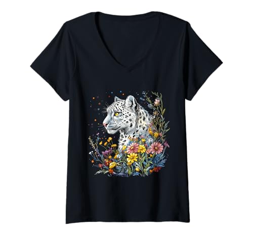 Damen Schneeleopard-Liebhaber, weißes Leopardentier, Schneeleopardengesicht T-Shirt mit V-Ausschnitt von Snow Leopard Animal Art