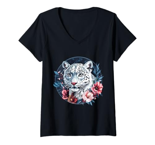 Damen Schneeleopard-Liebhaber, weißes Leopardentier, Schneeleopardengesicht T-Shirt mit V-Ausschnitt von Snow Leopard Animal Art