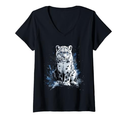 Damen Schneeleopard-Liebhaber, weißes Leopardentier, Schneeleopardengesicht T-Shirt mit V-Ausschnitt von Snow Leopard Animal Art