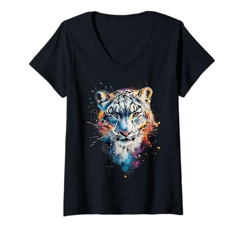 Damen Schneeleopard-Liebhaber, weißes Leopardentier, Schneeleopardengesicht T-Shirt mit V-Ausschnitt Damen Schneeleopard-Liebhaber, weißes Leopardentier, Schneeleopardengesicht T-Shirt mit V-Ausschnitt von Snow Leopard Animal Art