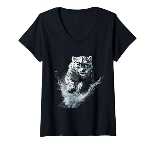 Damen Schneeleopard-Liebhaber, weißes Leopardentier, Schneeleopardengesicht T-Shirt mit V-Ausschnitt Damen Schneeleopard-Liebhaber, weißes Leopardentier, Schneeleopardengesicht T-Shirt mit V-Ausschnitt von Snow Leopard Animal Art