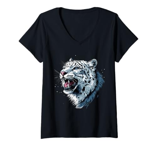 Damen Schneeleopard-Liebhaber, weißes Leopardentier, Schneeleopardengesicht T-Shirt mit V-Ausschnitt Damen Schneeleopard-Liebhaber, weißes Leopardentier, Schneeleopardengesicht T-Shirt mit V-Ausschnitt von Snow Leopard Animal Art
