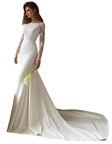 Snow Lotus Damen Lange Ärmel Spitze Meerjungfrau Hochzeitskleid U-Boot-Ausschnitt Schlüsselloch Rücken Brautkleider, elfenbeinfarben, 42 von Snow Lotus