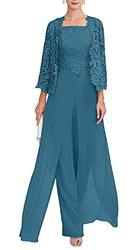 Snow Lotus Damen Lange Drei Stücke Chiffon Mutter der Braut Kleid mit Spitze 3/4 Ärmel Formale Hosen Ballkleid, petrol, 42 von Snow Lotus
