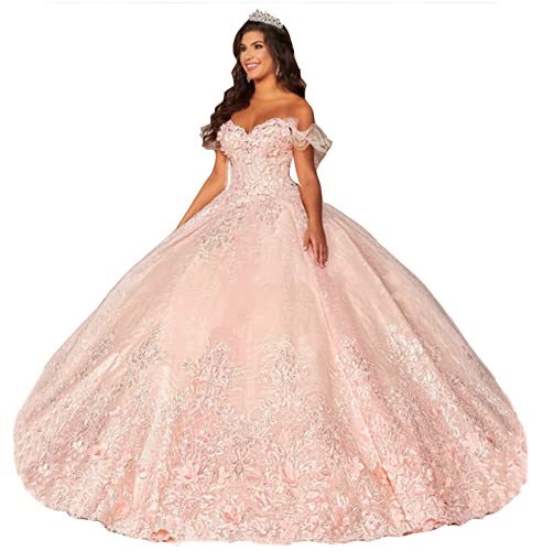 Snow Lotus Damen Prinzessin Off Shoulder Perlen Quinceanera Kleid Spitze Applique Rüschen Ballkleider, blush, 44 von Snow Lotus