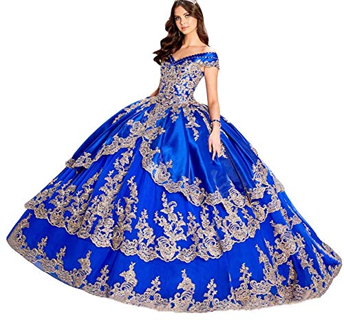 Snow Lotus Damen Satin Off Shoulder Quinceanera Kleid mit Gold Applique Ballkleider Sweet 16 Gr. 44, königsblau von Snow Lotus