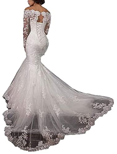 Snow Lotus Damen Schulterfrei Spitze Meerjungfrau Hochzeitskleid Lange Ärmel Brautkleid Kleider, Style2-weiß, 48 von Snow Lotus