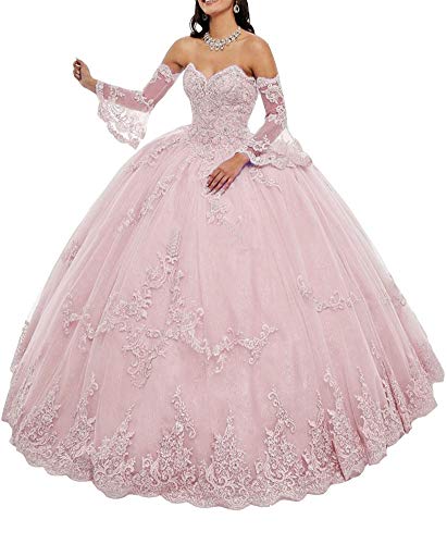 Snow Lotus Damen Sweetheart Neck Applique Quinceanera Kleid Perlen Tüll Ballkleider, blassrosa, 38 von Snow Lotus