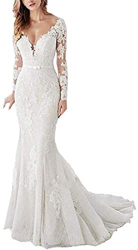 Snow Lotus Damen V-Ausschnitt Meerjungfrau Hochzeitskleid Lange Ärmel Tüll Spitze Applique Brautkleider, elfenbeinfarben, 36 von Snow Lotus