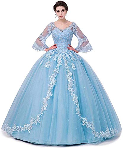 Snow Lotus Damen V Ausschnitt Quinceanera Kleid A Linie Ballkleid Kleid mit Ärmeln, dusty blue, 54 von Snow Lotus