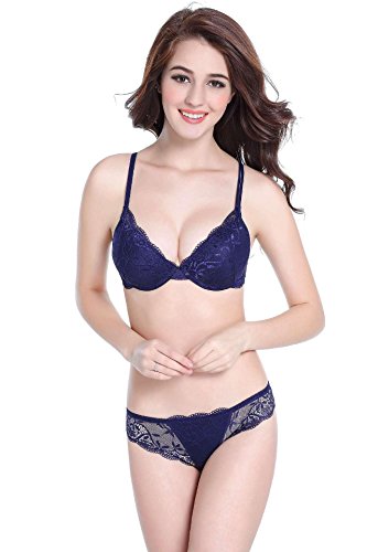 SnowFox Damen Spitzen Push Up BH Unterwäsche Sets, 70B, Blau von JoyFox