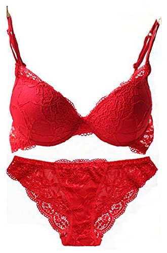 SnowFox Damen Spitzen Push Up BH Unterwäsche Sets, 85B, Rot von JoyFox