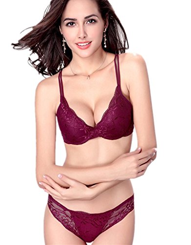 SnowFox Damen Spitzen Push Up BH Unterwäsche Sets, 75A, Burgundy von JoyFox