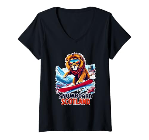 Damen Snowboard Löwe Abenteuer in Schottland T-Shirt mit V-Ausschnitt Damen Snowboard Löwe Abenteuer in Schottland T-Shirt mit V-Ausschnitt von Snowboarding Animals Sports