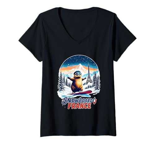 Damen Snowboard Murmeltier Eiffelturm Frankreich T-Shirt mit V-Ausschnitt von Snowboarding Animals Sports