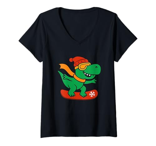 Damen Snowboarder Dinosaurier T-Rex Snowboarder Lustige Wintersport T-Shirt mit V-Ausschnitt Damen Snowboarder Dinosaurier T-Rex Snowboarder Lustige Wintersport T-Shirt mit V-Ausschnitt von Snowboarding Winter Holiday Ski Trip Vacation Gift