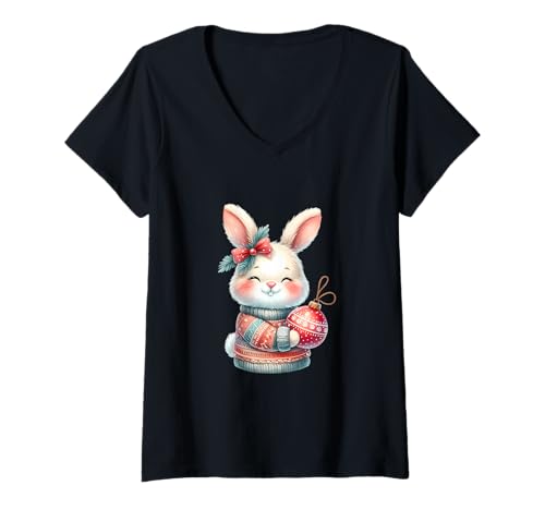 Damen Niedlicher Weihnachtshase mit Ornament T-Shirt mit V-Ausschnitt Damen Niedlicher Weihnachtshase mit Ornament T-Shirt mit V-Ausschnitt von Snowflake Holiday Apparel Home And More Company