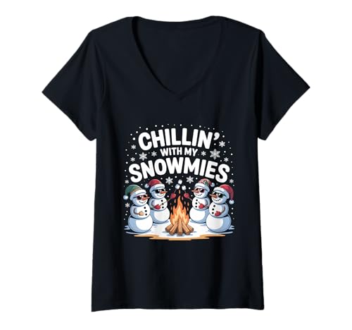 Damen Chillin with My Snowmies Lagerfeuer Schneemann Herren Damen Kinder T-Shirt mit V-Ausschnitt Damen Chillin with My Snowmies Lagerfeuer Schneemann Herren Damen Kinder T-Shirt mit V-Ausschnitt von Snowman Christmas Family Matching Pajamas