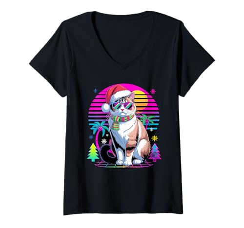 Damen Christmas Synthwave Snowshoe Cat Sunglasses T-Shirt mit V-Ausschnitt Damen Christmas Synthwave Snowshoe Cat Sunglasses T-Shirt mit V-Ausschnitt von Snowshoe Cat Lover Gifts