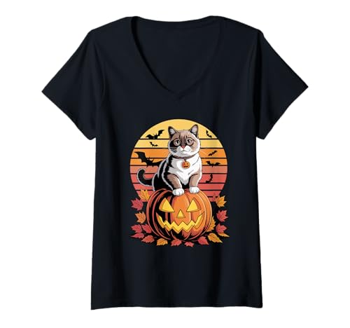 Damen Halloween Retro Snowshoe Cat Snowshoes T-Shirt mit V-Ausschnitt Damen Halloween Retro Snowshoe Cat Snowshoes T-Shirt mit V-Ausschnitt von Snowshoe Cat Lover Gifts