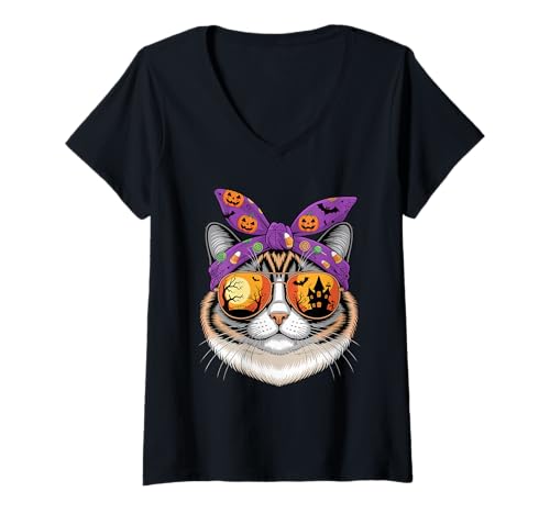 Damen Halloween Snowshoe Cat Bandana Snowshoes T-Shirt mit V-Ausschnitt Damen Halloween Snowshoe Cat Bandana Snowshoes T-Shirt mit V-Ausschnitt von Snowshoe Cat Lover Gifts
