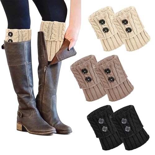 Snowtain Kurze Knopf Leg Warmers, 3 Paar Häkelarbeit Bein Wärmer, Kurzstulpen für Frauen Damen, Damen Legwarmer -Schwarz/Khaki/Beige von Snowtain