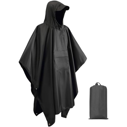 Snowtain Regenponcho Herren Damen Wasserdicht Atmungsaktiv, Multifunktionales Regencape mit Kapuze, Ultraleichtes Poncho für Wandern Camping Outdoor Festival, 210×140cm Schwarz von Snowtain