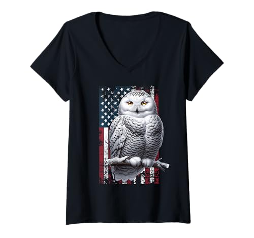 Damen Schnee Eule Schneeeule Amerika Snowy Owl T-Shirt mit V-Ausschnitt Damen Schnee Eule Schneeeule Amerika Snowy Owl T-Shirt mit V-Ausschnitt von Snowy Owl US Fahne Herren Damen