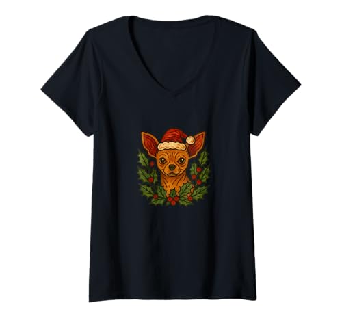 Damen Weihnachten Chihuahua Urlaub Lichter Nikolausmütze Winter Festlich T-Shirt mit V-Ausschnitt von Snowy Paws Chihuahua Art