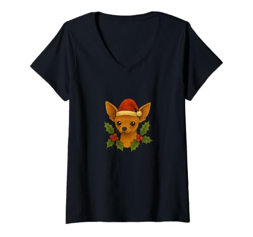 Damen Weihnachten Chihuahua Urlaub Lichter Nikolausmütze Winter Festlich T-Shirt mit V-Ausschnitt Damen Weihnachten Chihuahua Urlaub Lichter Nikolausmütze Winter Festlich T-Shirt mit V-Ausschnitt von Snowy Paws Chihuahua