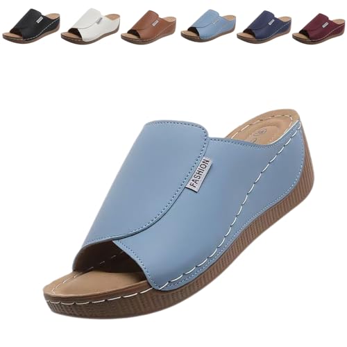 Bequeme Slides Mit Fußgewölbeunterstützung – Einfarbige Damensandalen – Atmungsaktiv, Slip-On-Freizeitsandale, Atmungsaktive Sommer-Plateau-Keilsandalen (BLUE,38) von Snrtevu