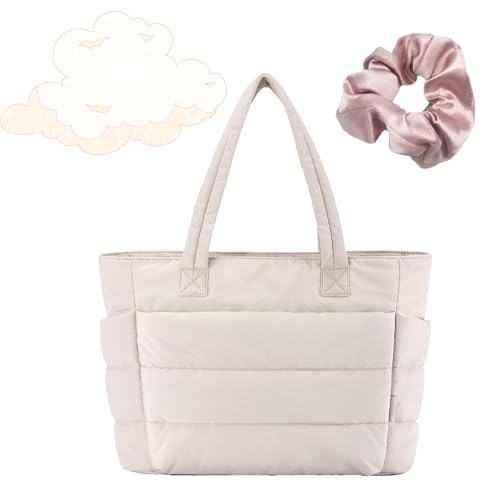 Snrtevu Lightweight Puffy Tote Bag, Lightweight Fluffy Handbag with Compartments, Puffer Tote Bag for Women For Daily Work Travel (Beige) von Snrtevu