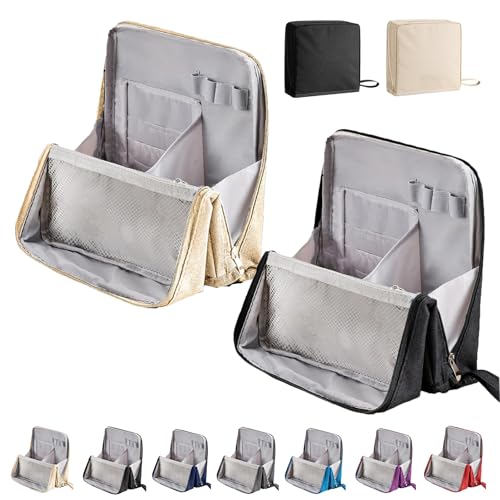 Standing Makeup Bag – Portable, Large Capacity, Reise Make up Tasche Kosmetiktasche mit Fächern aus Oxford-Stoff, travel Makeup Bag zur Aufbewahrung von Kosmetika und Schreibwaren (Beige+Schwarz) von Snrtevu