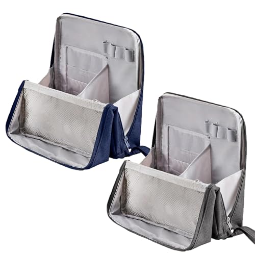 Standing Makeup Bag – Portable, Large Capacity, Reise Make up Tasche Kosmetiktasche mit Fächern aus Oxford-Stoff, travel Makeup Bag zur Aufbewahrung von Kosmetika und Schreibwaren (Grau+Blau) von Snrtevu