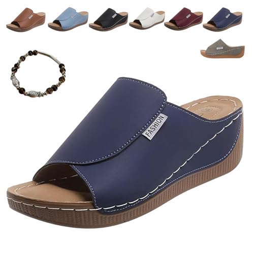 Vivastep Sandalen-Ergonomische & Rutschfeste Sandalen Zur Schmerzlinderung, Sandalens Mit Keilabsatz Damen, Leder Damenpantoffel Mit Offener OrthopäDischer Zehenpartie (Dunkelblau,42) von Snrtevu