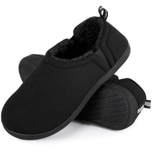 Snug Leaves Herren Fuzzy Kunstwolle Memory Foam Hausschuhe Anti-Rutsch warm Kunst-Sherpa Hausschuhe mit Doppelseitigen elastischen Einsätzen Schwarzer Ruß,44-45 EU von Snug Leaves